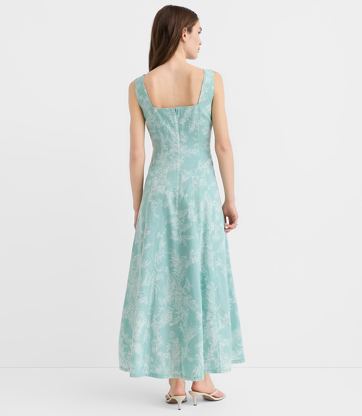 Floral Toile Linen Cotton Seamed Midi Pocket Dress