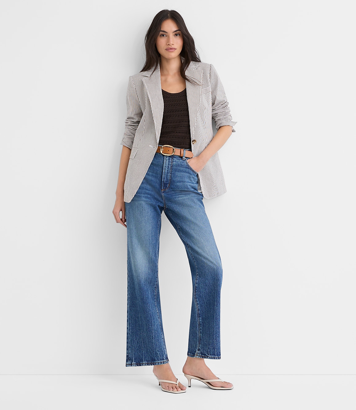 Petite Striped Seersucker Fitted Blazer