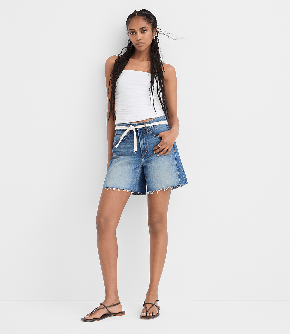 Rivete Petite Fresh Cut Seamed Boyfriend Shorts in Dark Wash