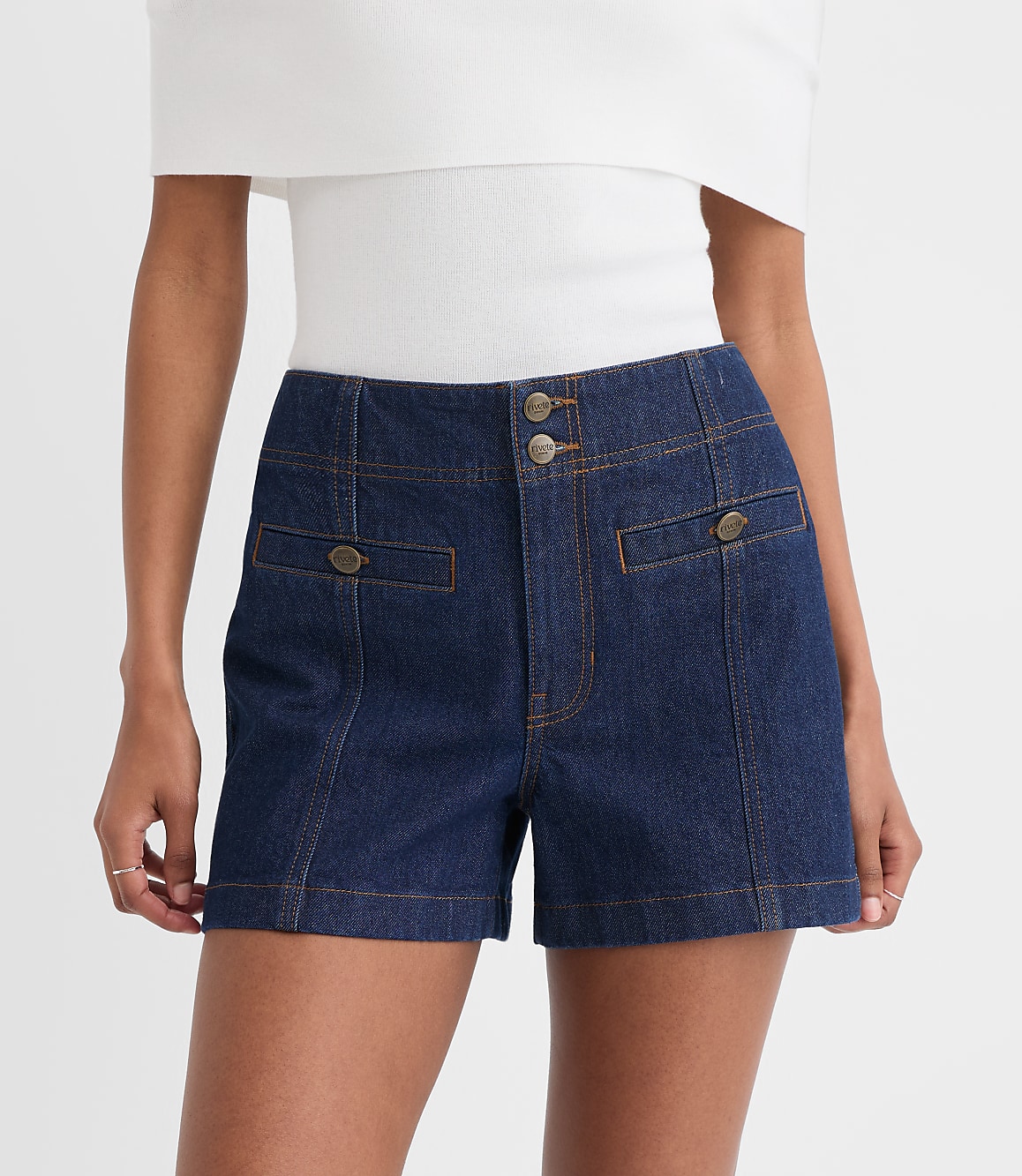 Rivete Petite Curvy Double Shank High Rise Denim Shorts in Nova Wash