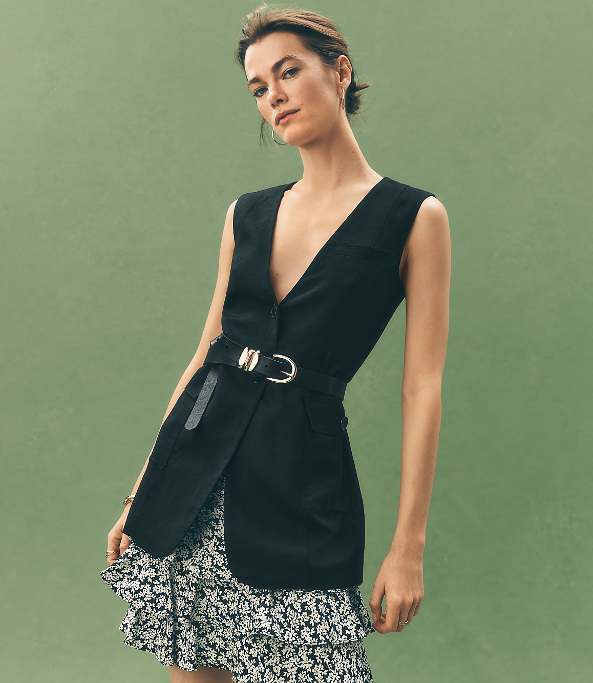 Linen Blend Belted Pocket Vest