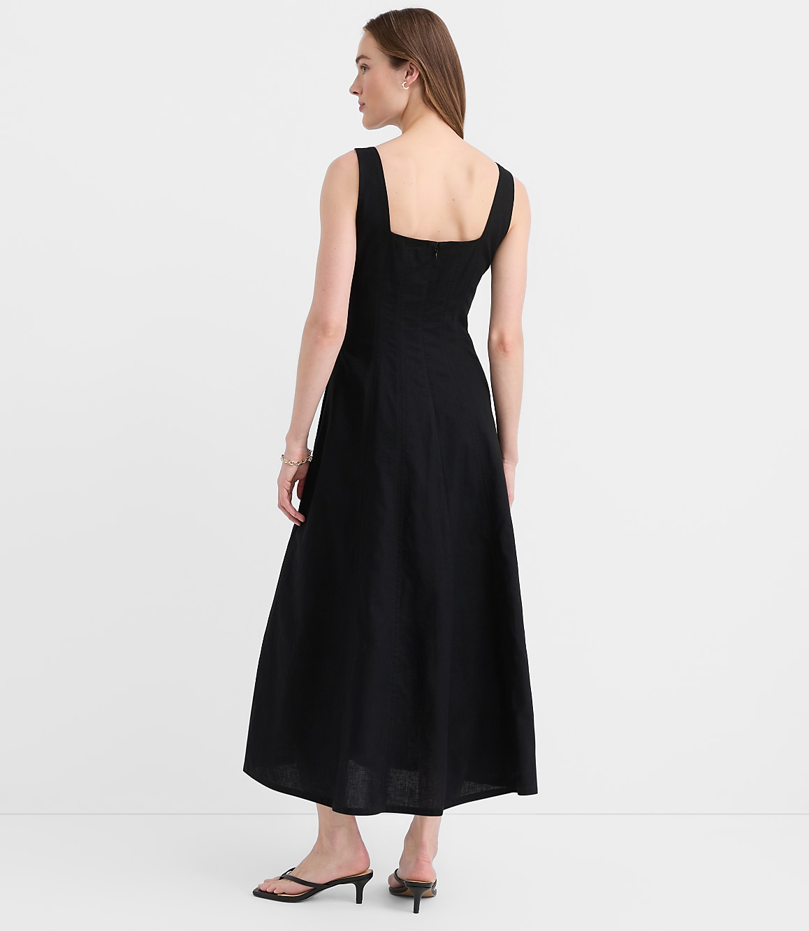 Petite Linen Cotton Seamed Midi Pocket Dress