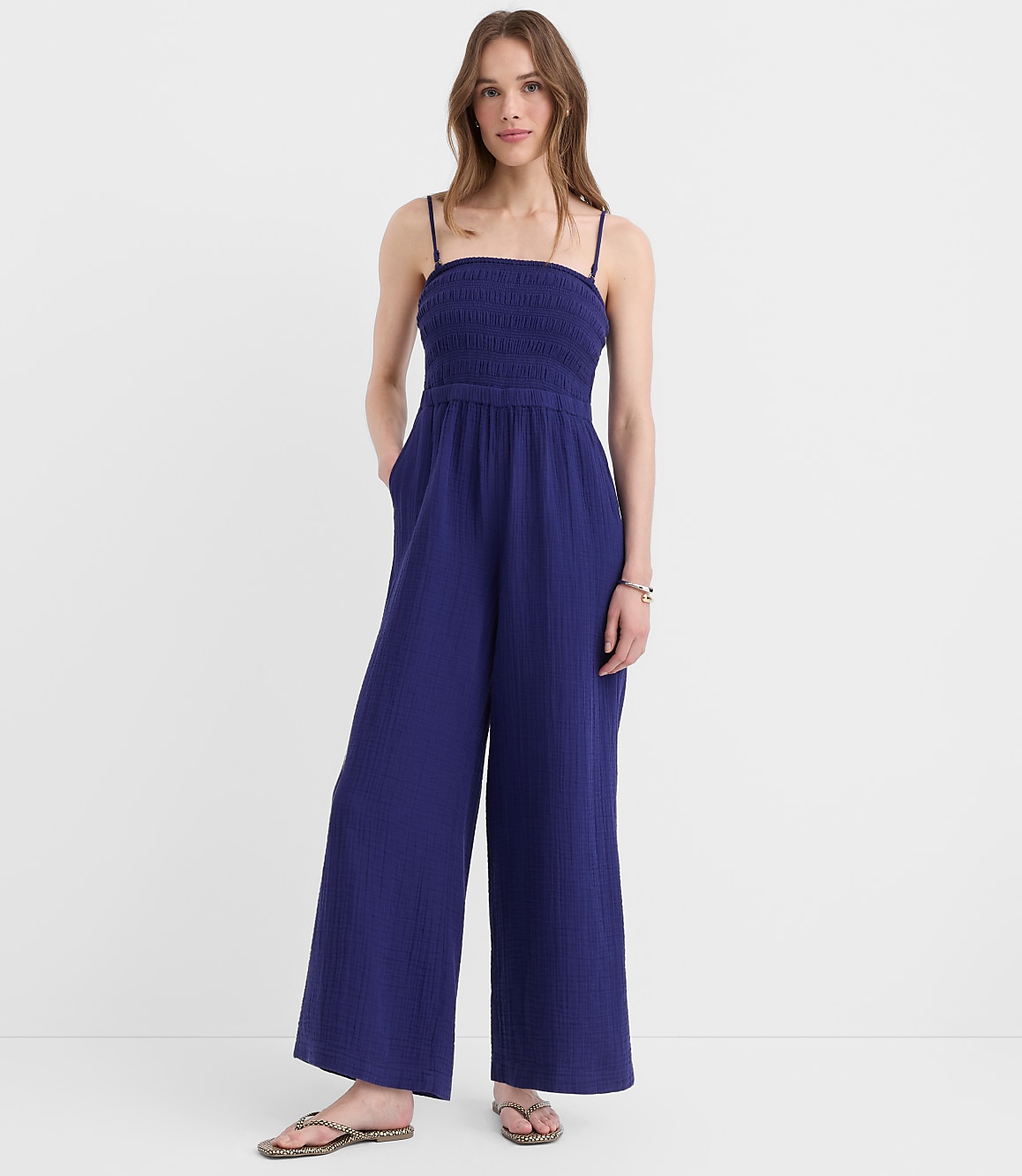 Petite LOFT Beach Triple Cloth Smocked Jumpsuit