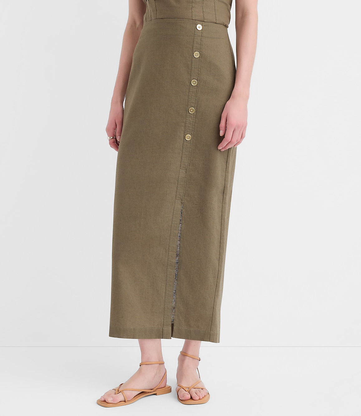 Linen Cotton Button Trim Midi Skirt