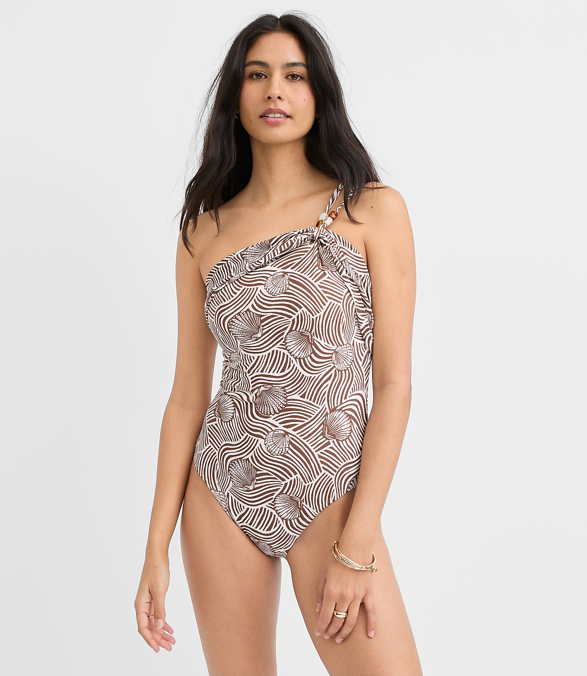 LOFT Beach Seashell Beaded One Shoulder One Piece Swimsuit