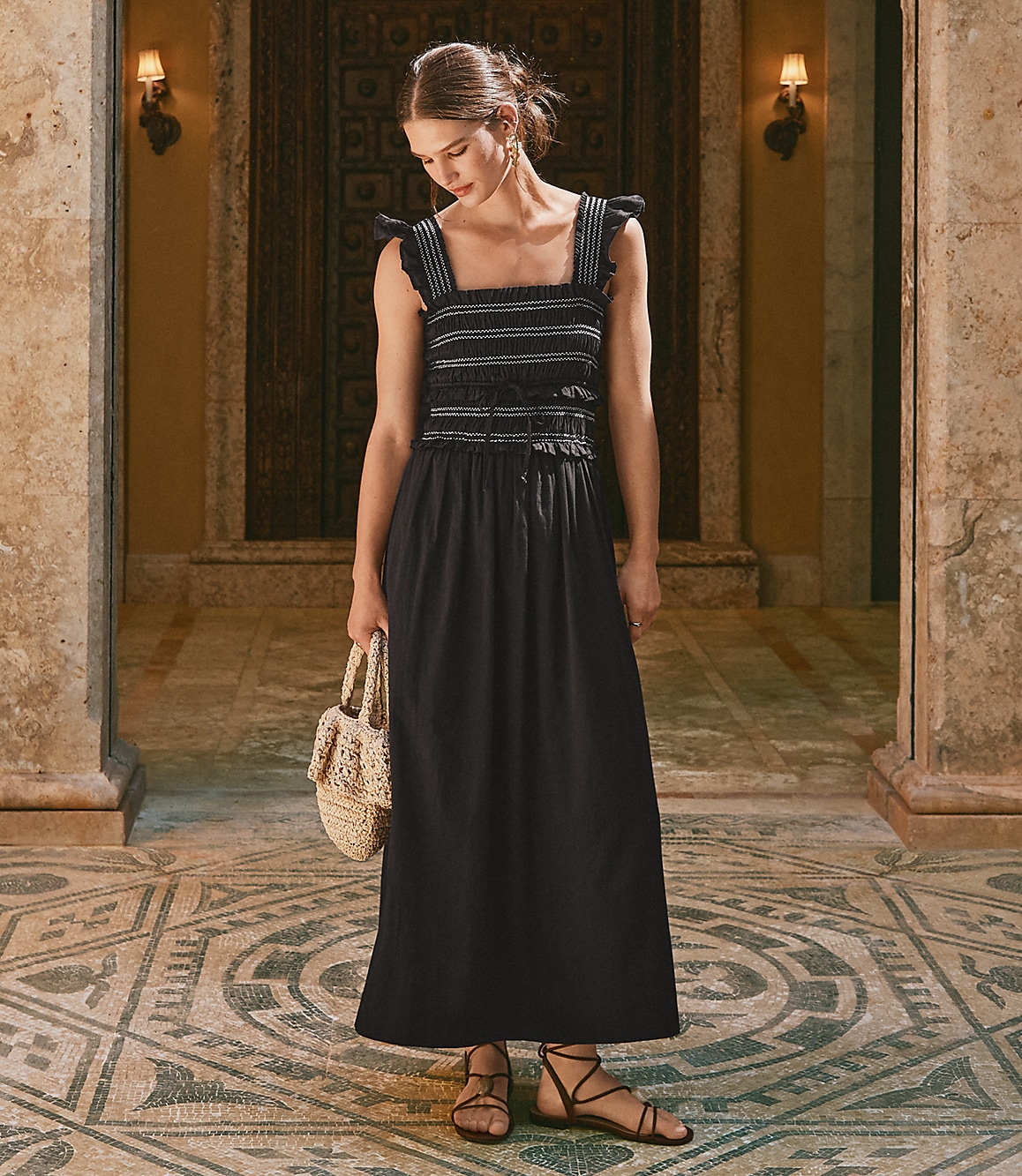 Petite Ruffle Strap Smocked Midi Dress
