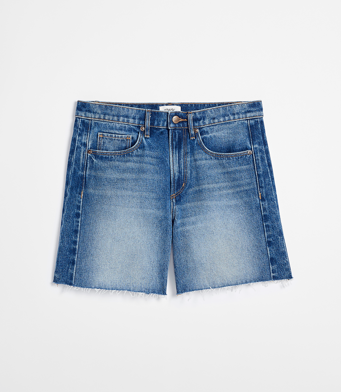 Rivete Petite Fresh Cut Seamed Boyfriend Shorts in Dark Wash
