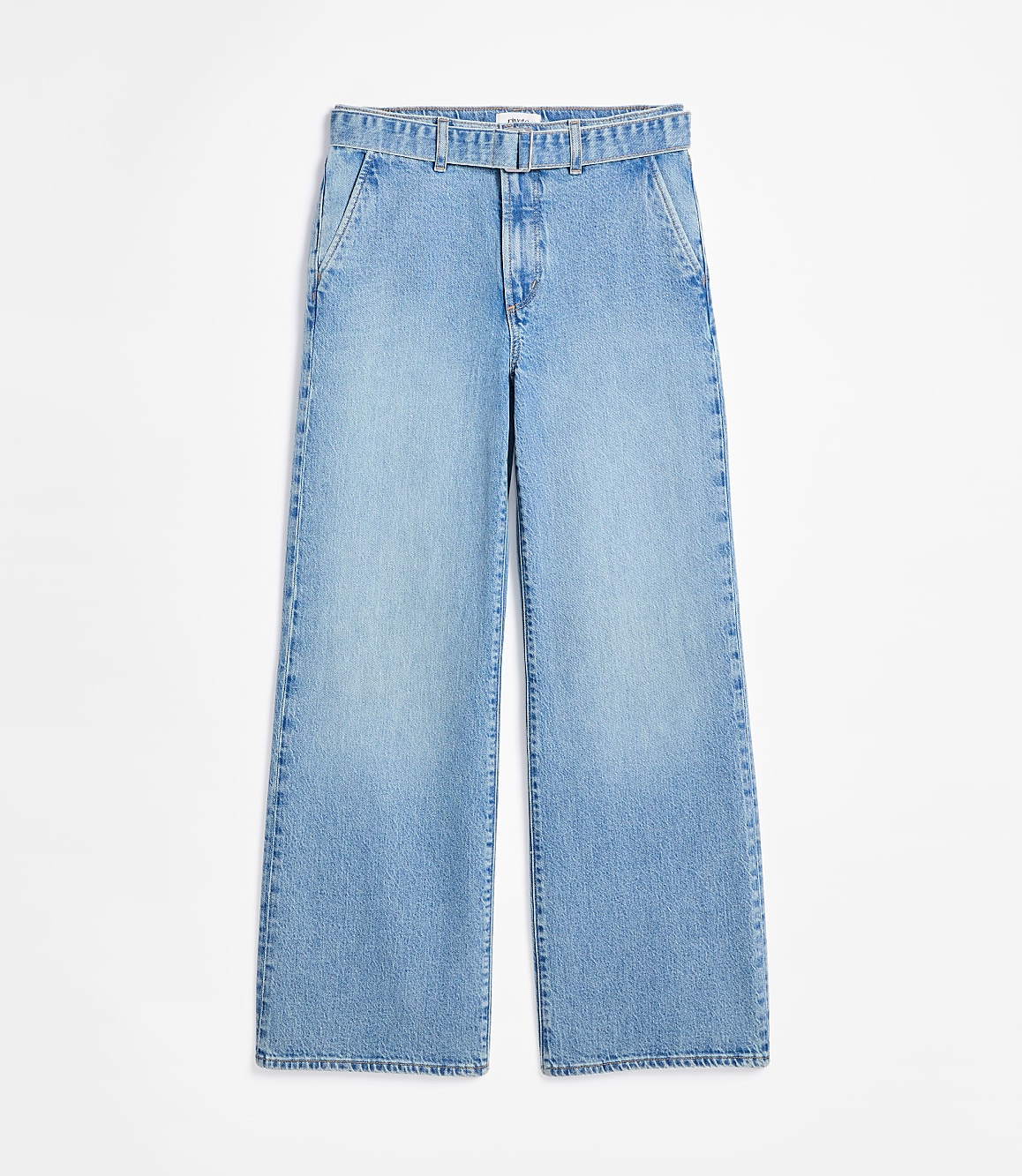 Rivete Petite Belted High Rise Wide Leg Jeans in Light Wash