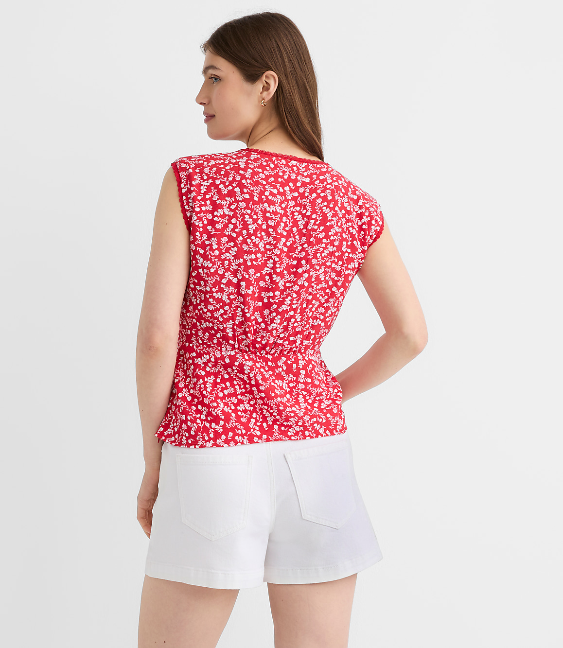 Petite Floral Lace Trim Cap Sleeve Top
