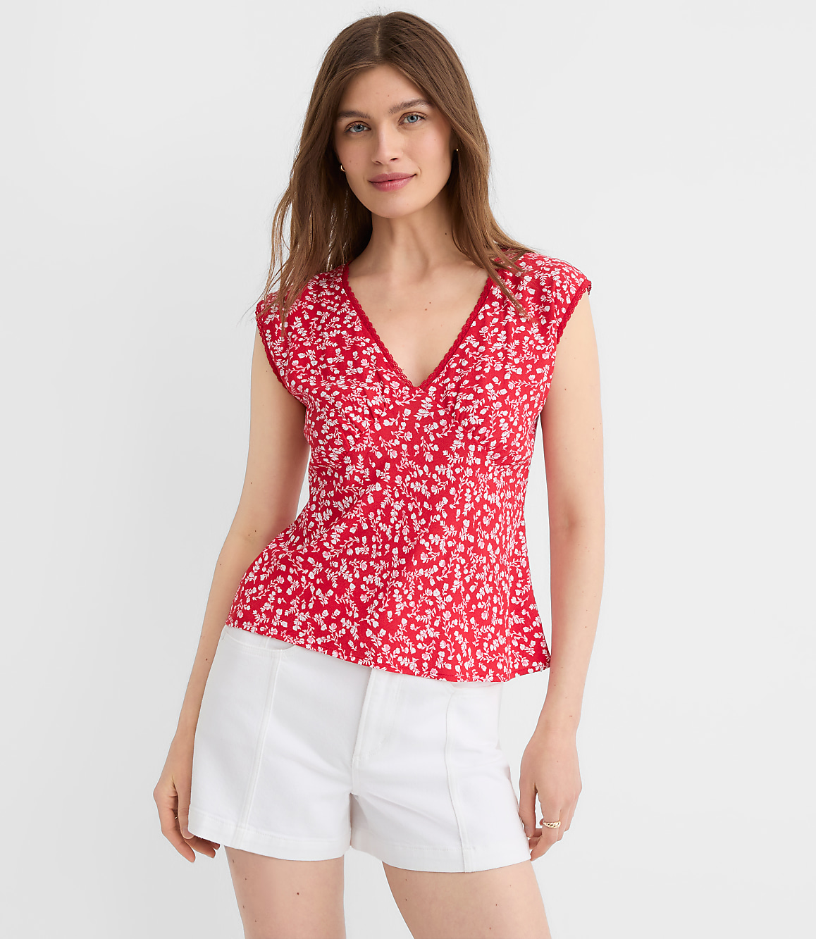 Petite Floral Lace Trim Cap Sleeve Top
