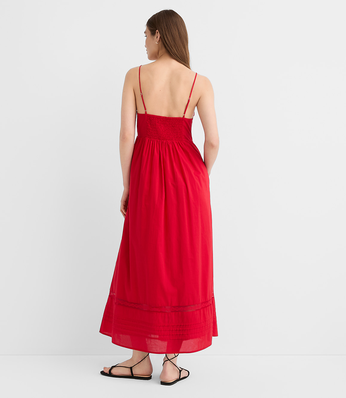 Petite Strappy Lace Trim Pintucked Midi Pocket Dress