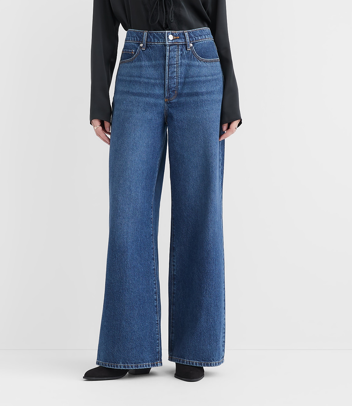 Rivete Short High Rise Relaxed Wide Leg Jeans in Mid Wash