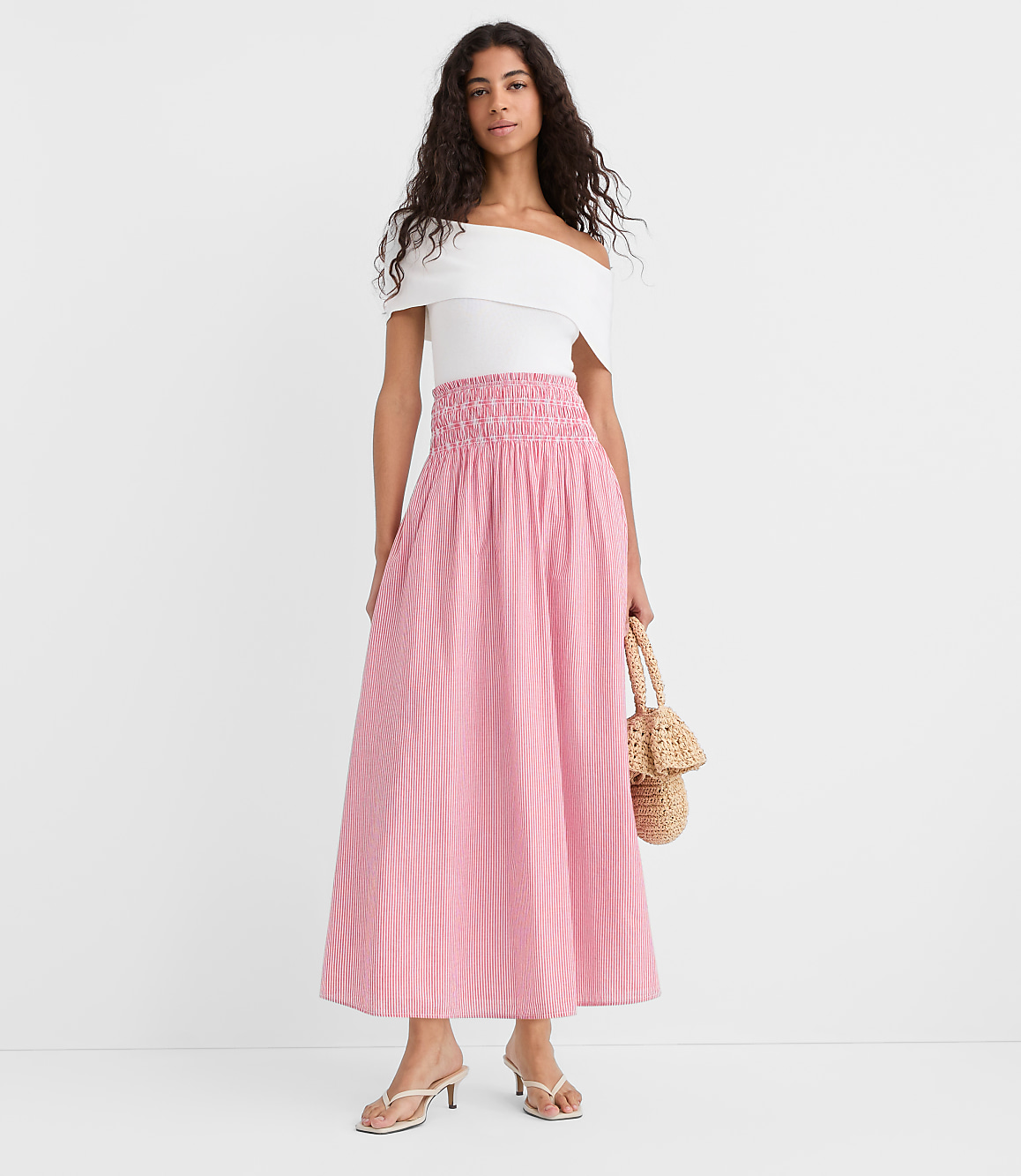 Petite Striped Smocked Midi Skirt