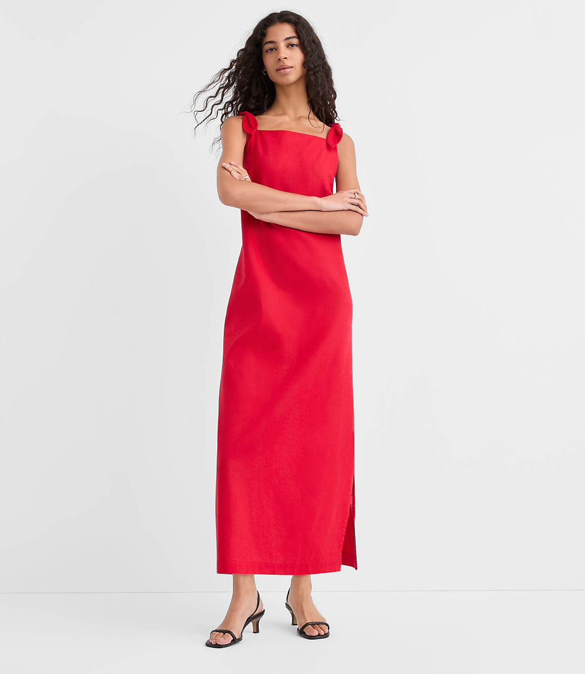 Linen Cotton Tie Boatneck Midi Dress