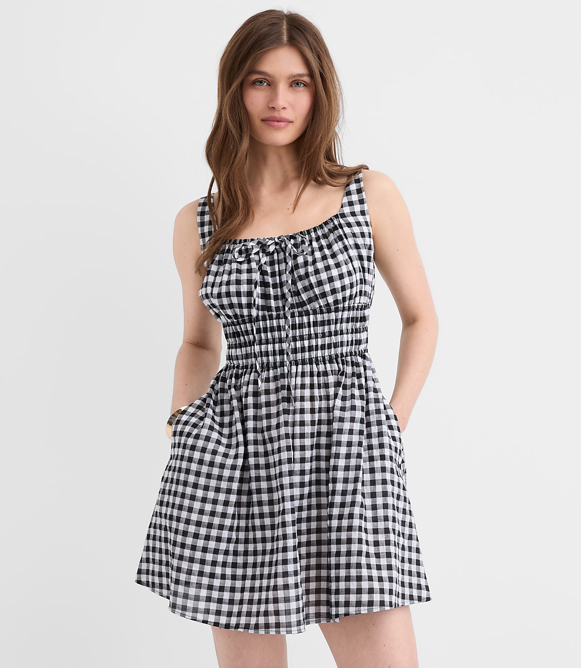 Petite Gingham Smocked Mini Pocket Dress