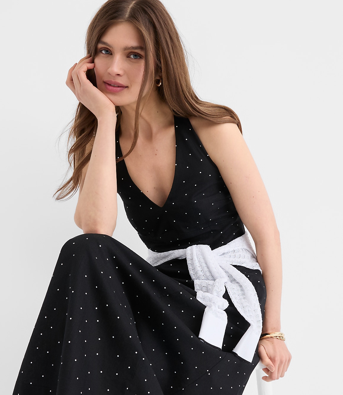 Petite Dotted Linen Cotton Midi Pocket Halter Dress
