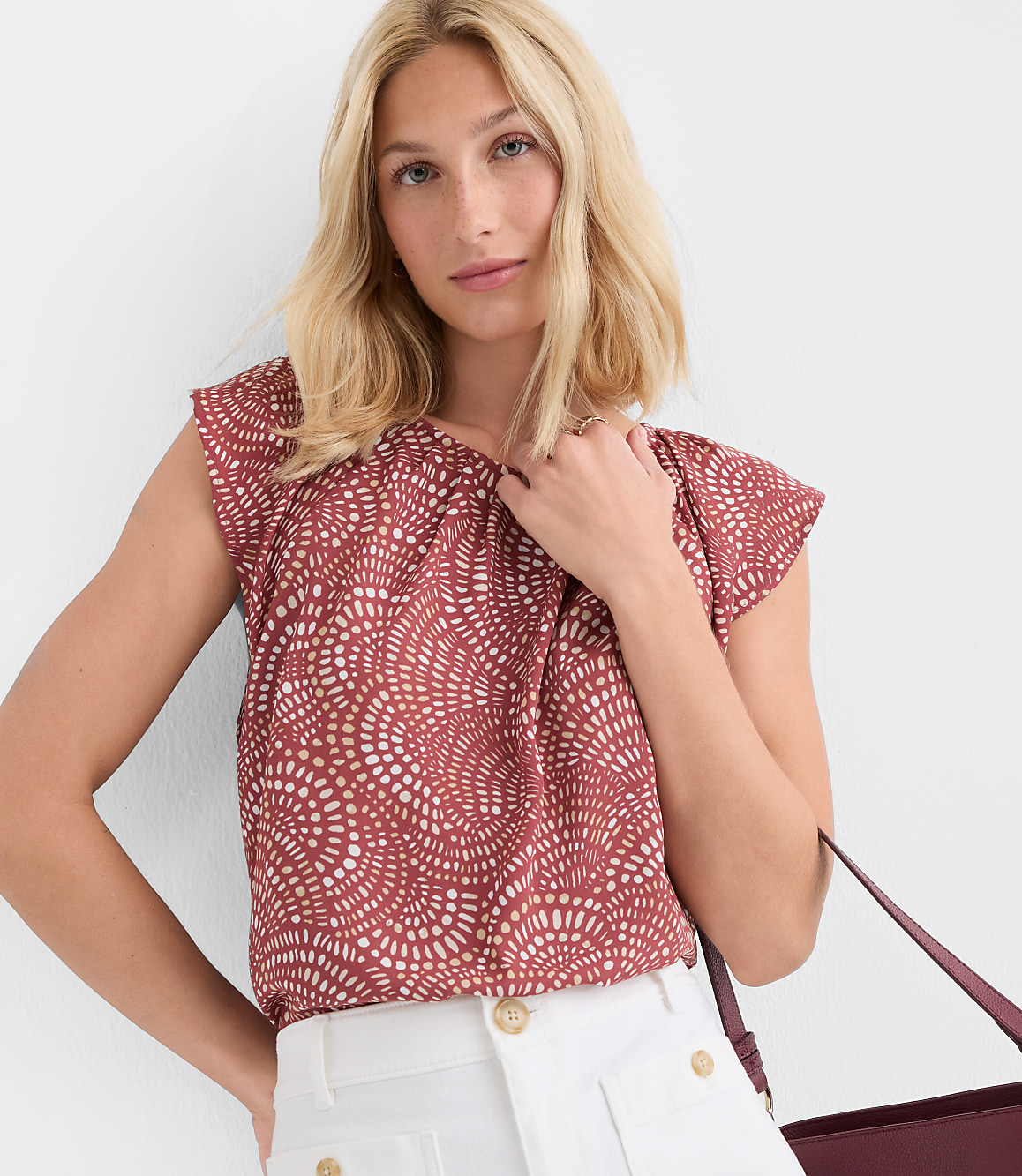 Petite Swirl Flutter Sleeve Mixed Media Blouse