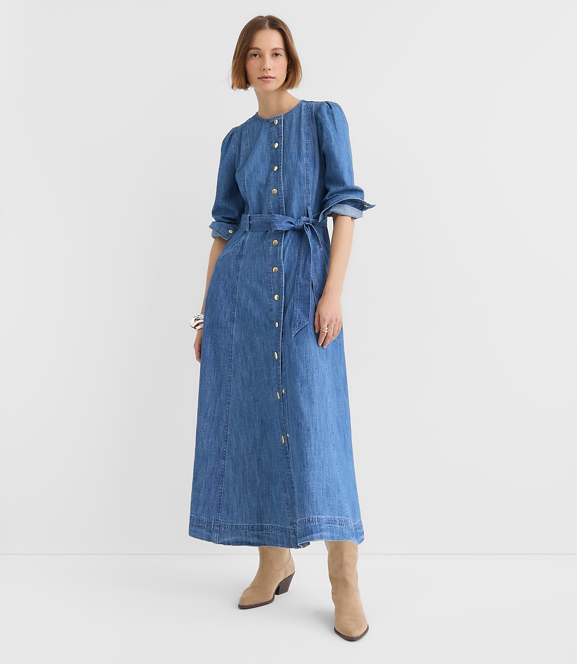 Petite Chambray Balloon Sleeve Midi Pocket Dress