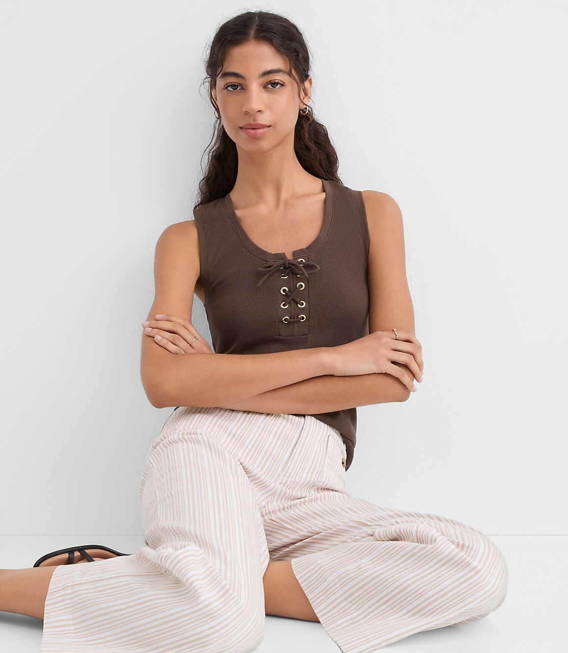 Petite Lace Up Perfect Ribbed Scoop Neck Tank Top