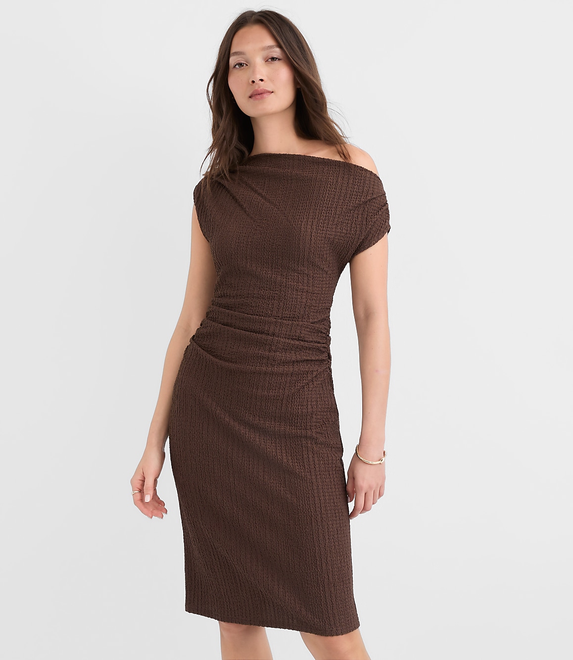Petite Stitchy Asymmetrical Ruched Mini Dress