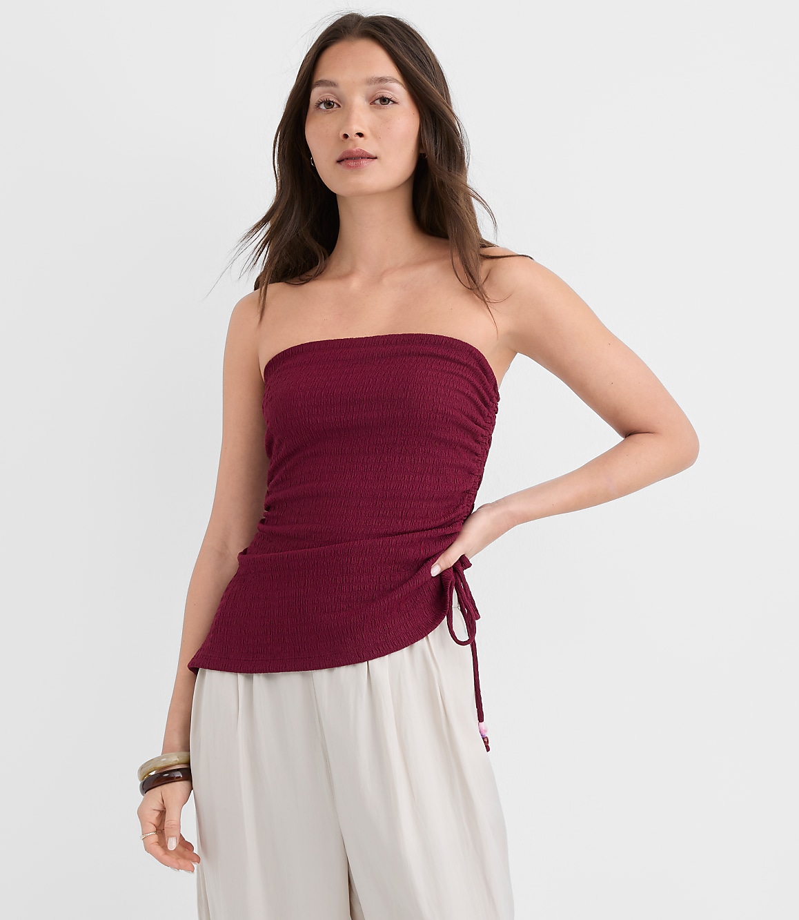 Beaded Ruched Asymmetric Strapless Top