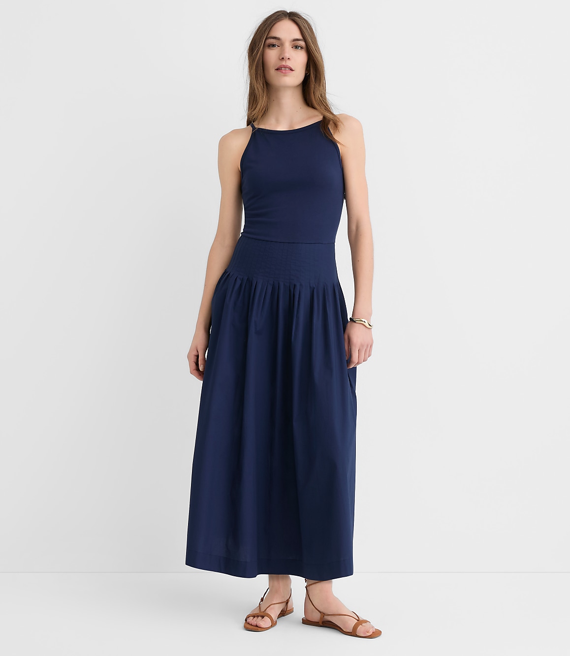 Petite Pleated Mixed Media Midi Halter Dress