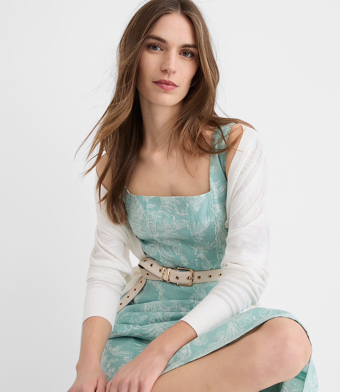 Petite Floral Toile Linen Cotton Seamed Midi Pocket Dress