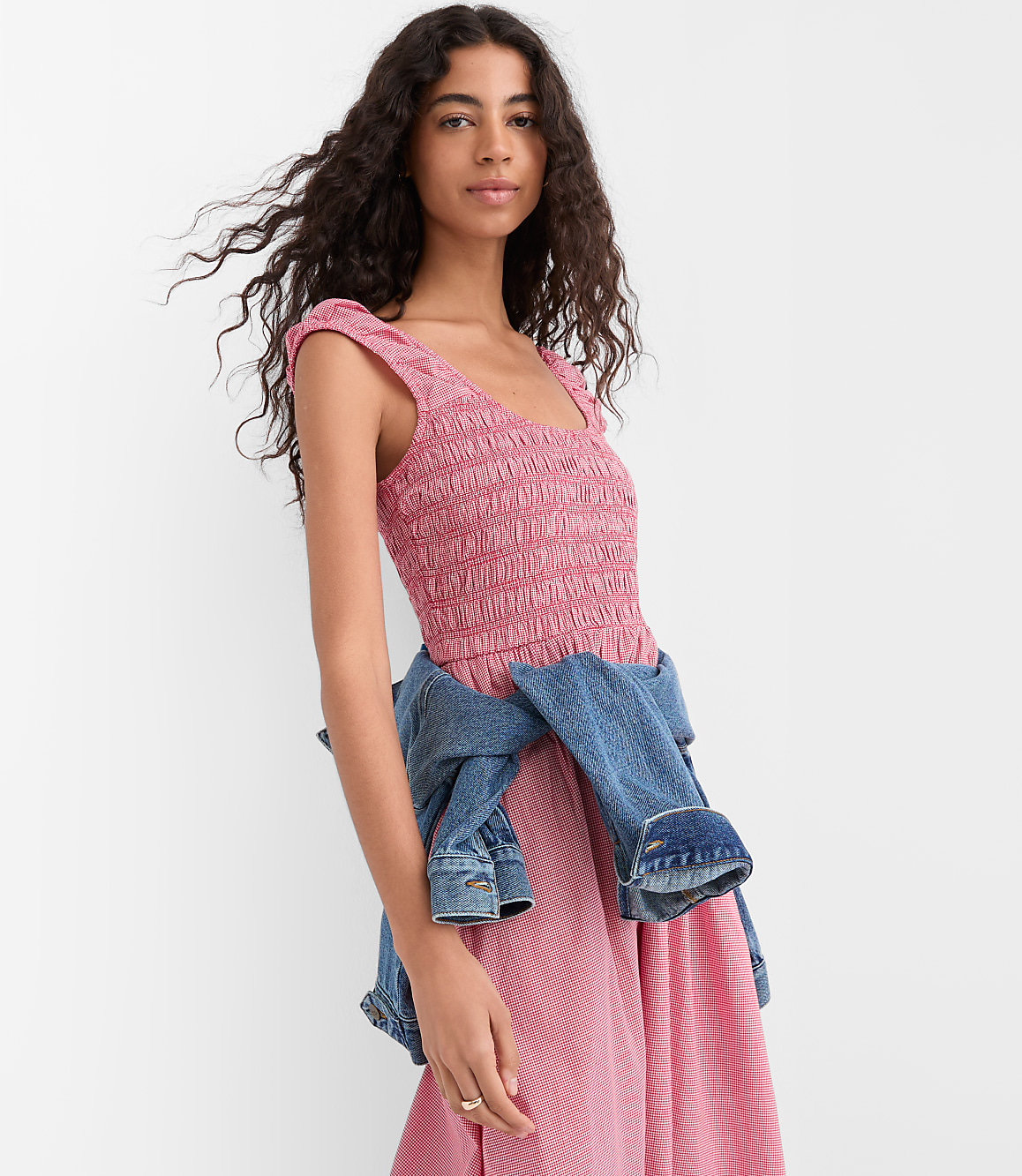 Petite Gingham Smocked Cap Sleeve Midi Pocket Dress
