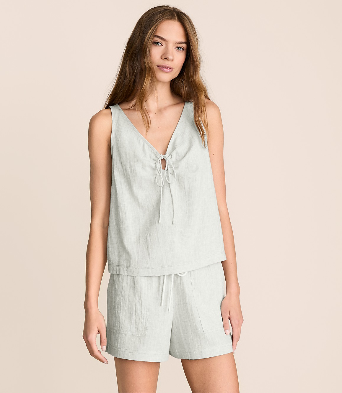 Petite Lou & Grey Crosshatch Linen Cotton Tie Keyhole Tank Top