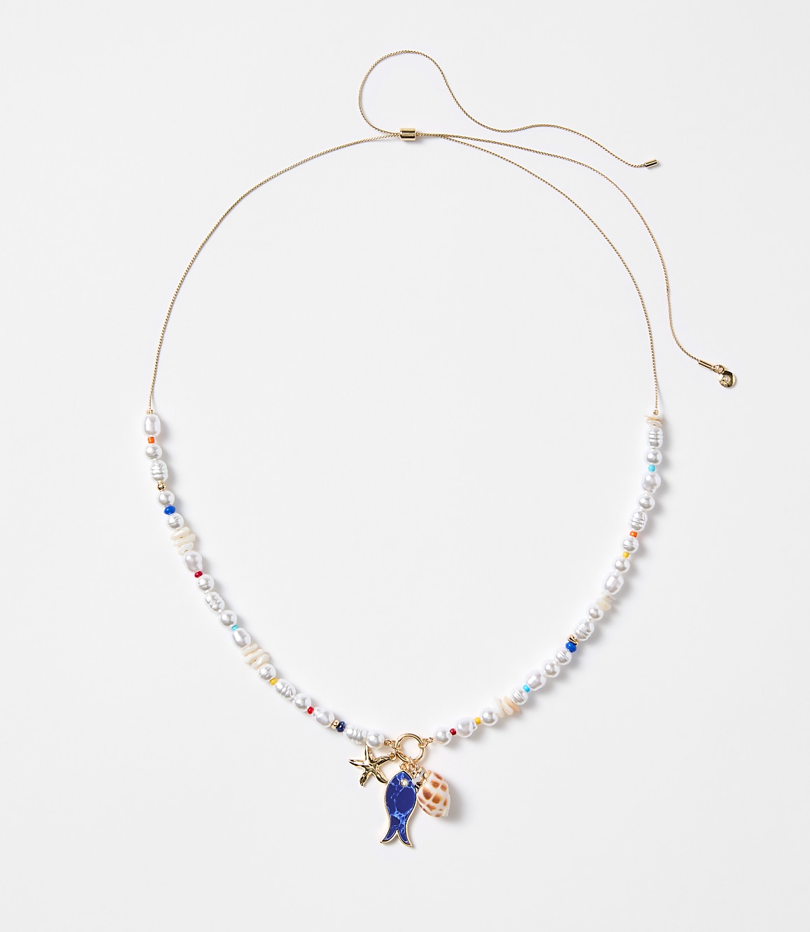 Pearlized Fish & Seashell Pull Tie Necklace