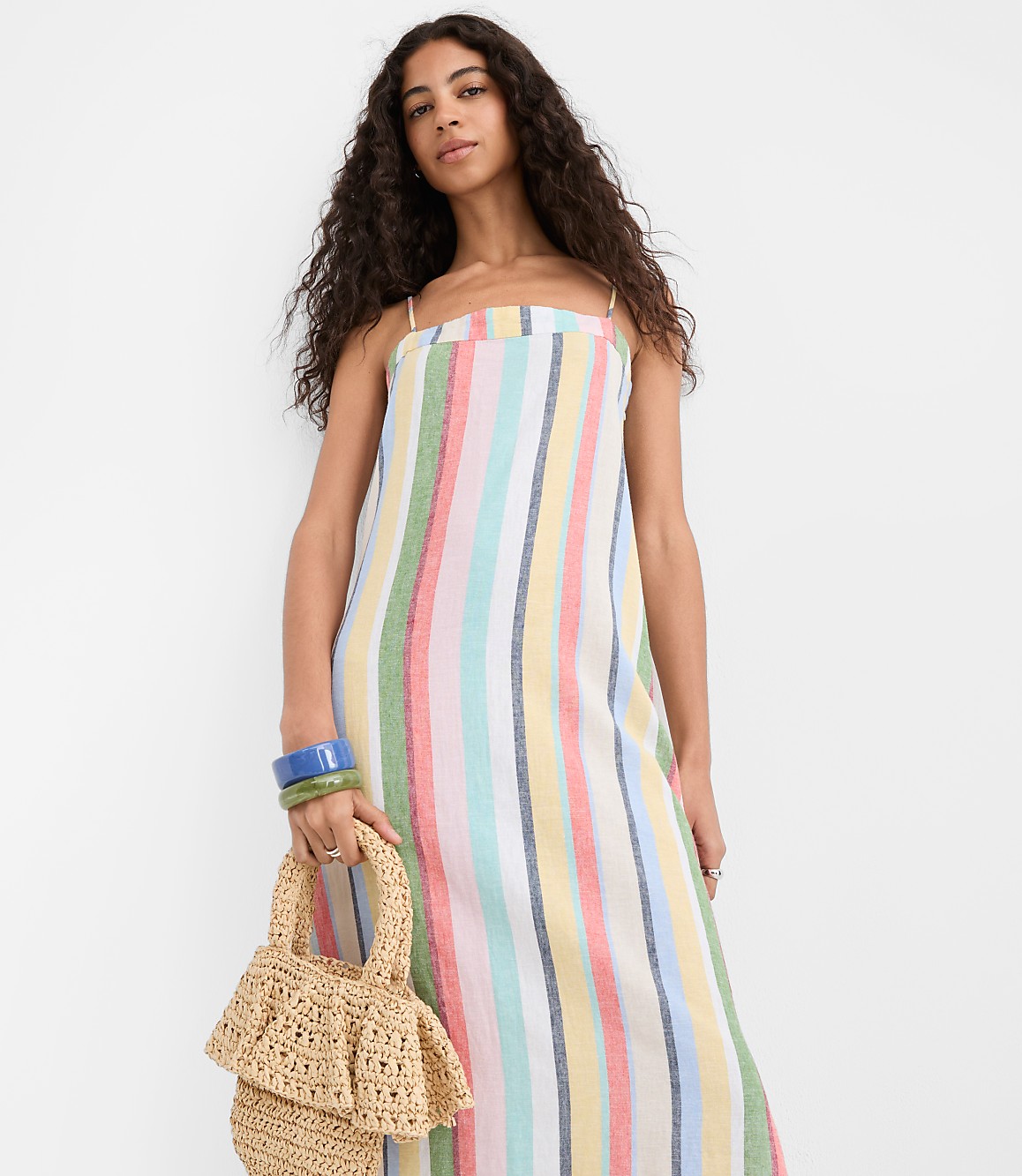Petite Rainbow Stripe Linen Cotton Strappy Maxi Dress