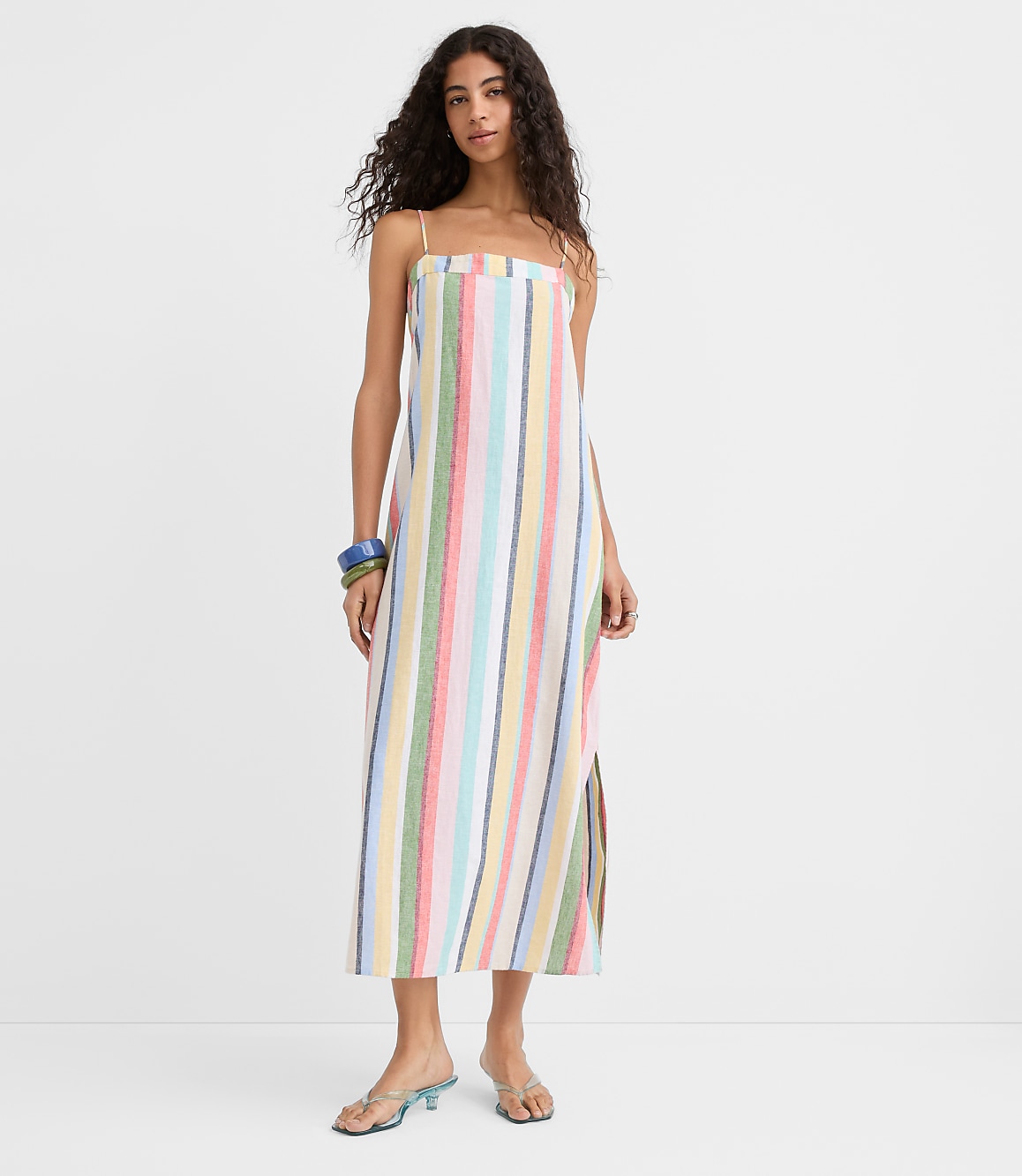 Petite Rainbow Stripe Linen Cotton Strappy Maxi Dress