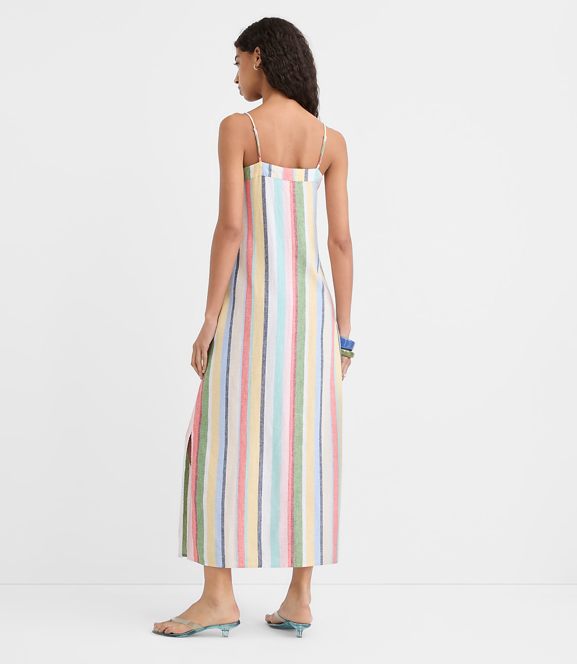 Petite Rainbow Stripe Linen Cotton Strappy Maxi Dress
