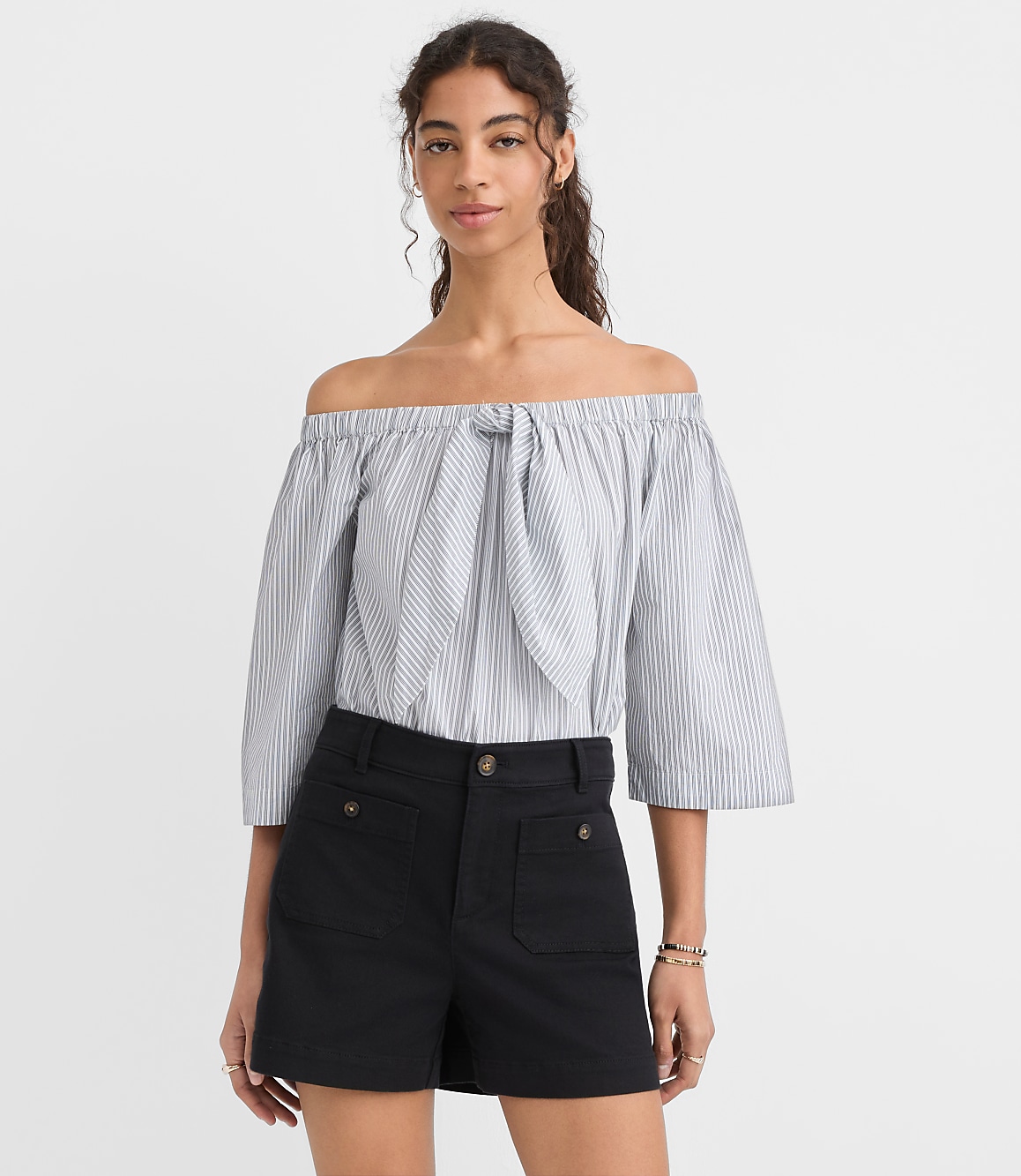Petite Striped Poplin Bow Off The Shoulder Top