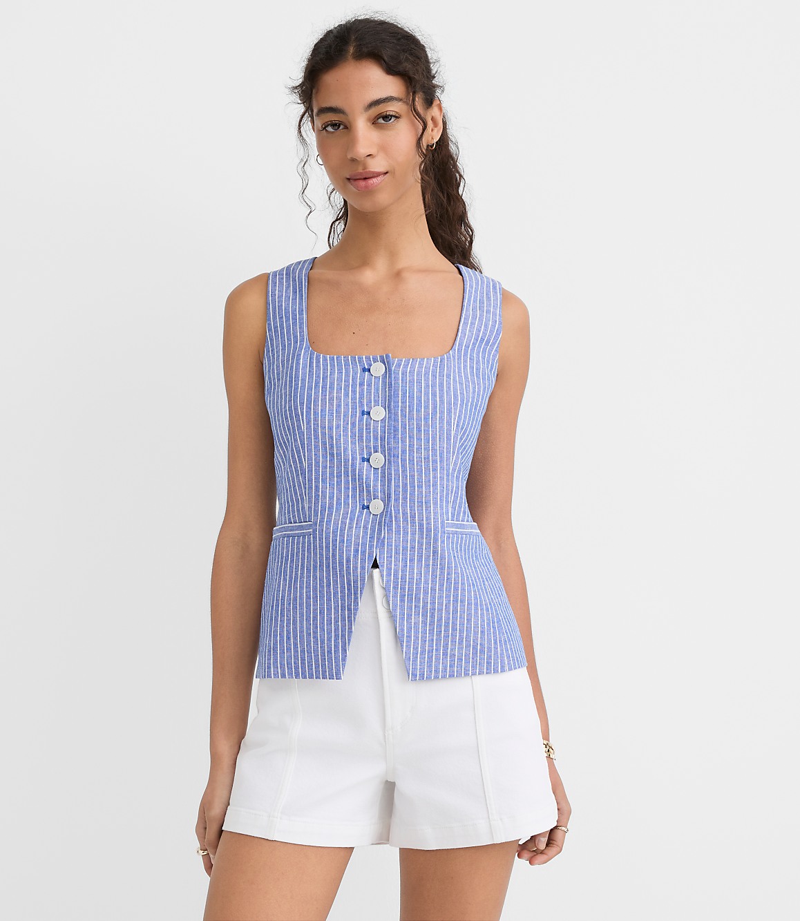 Striped Linen Cotton Cutaway Pocket Vest