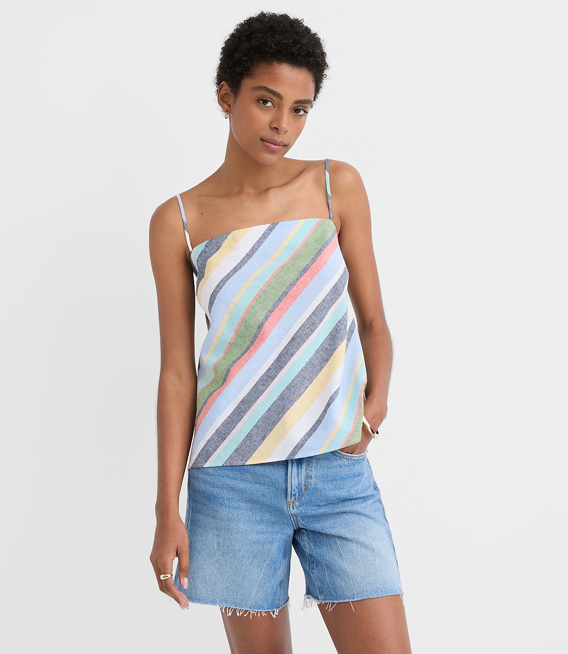 Striped Linen Cotton Square Neck Cami