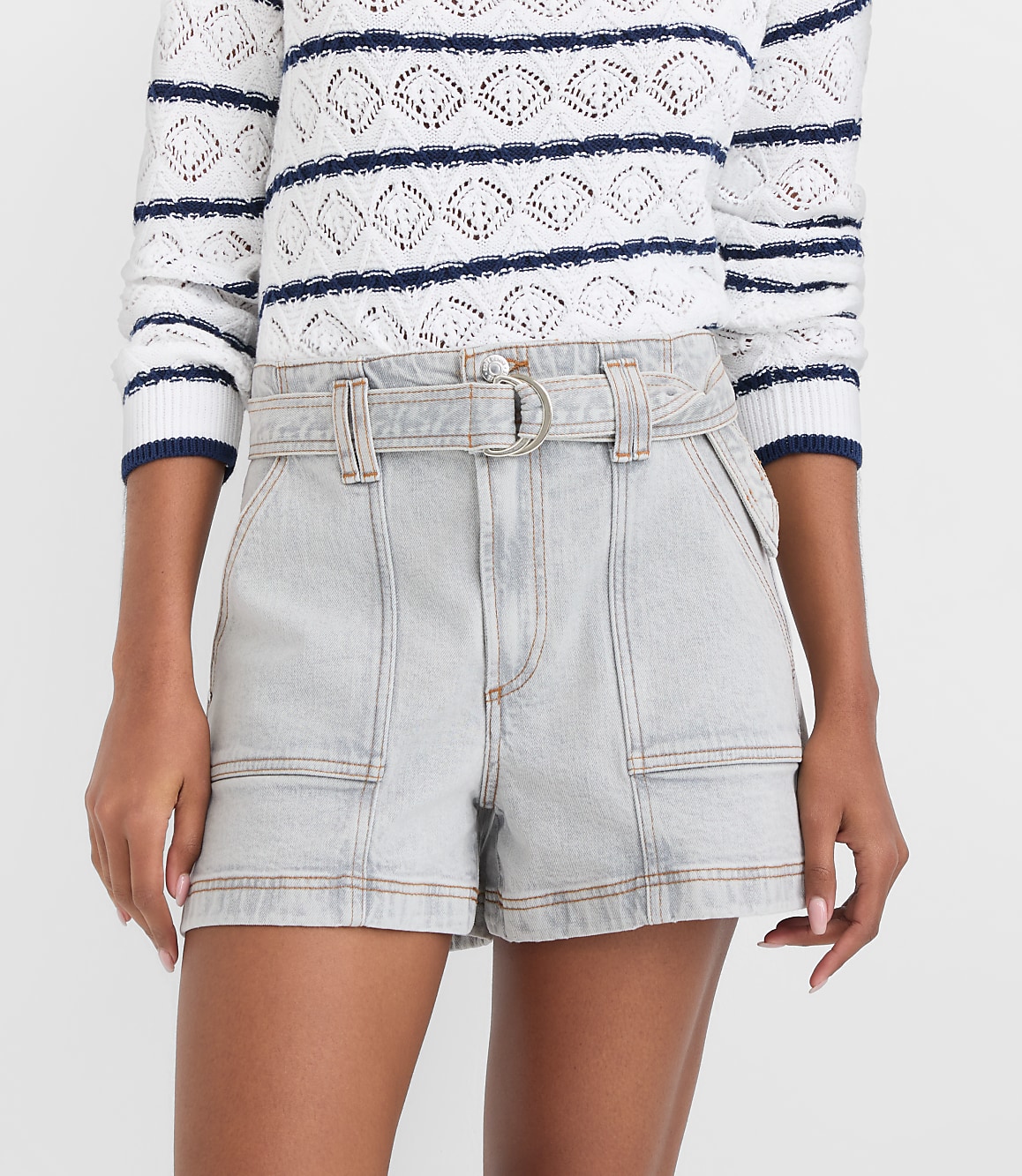 Rivete Curvy Belted Denim Utility Shorts in Vintage Grey Wash