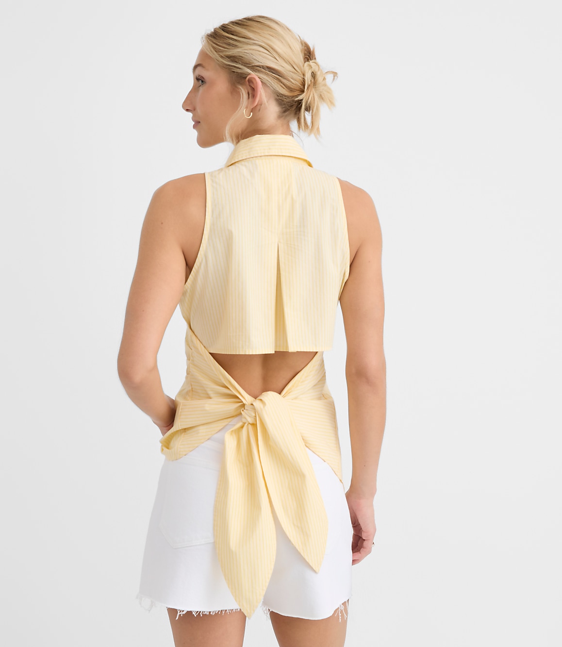 Petite Striped Poplin Cutout Tie Back Halter Top