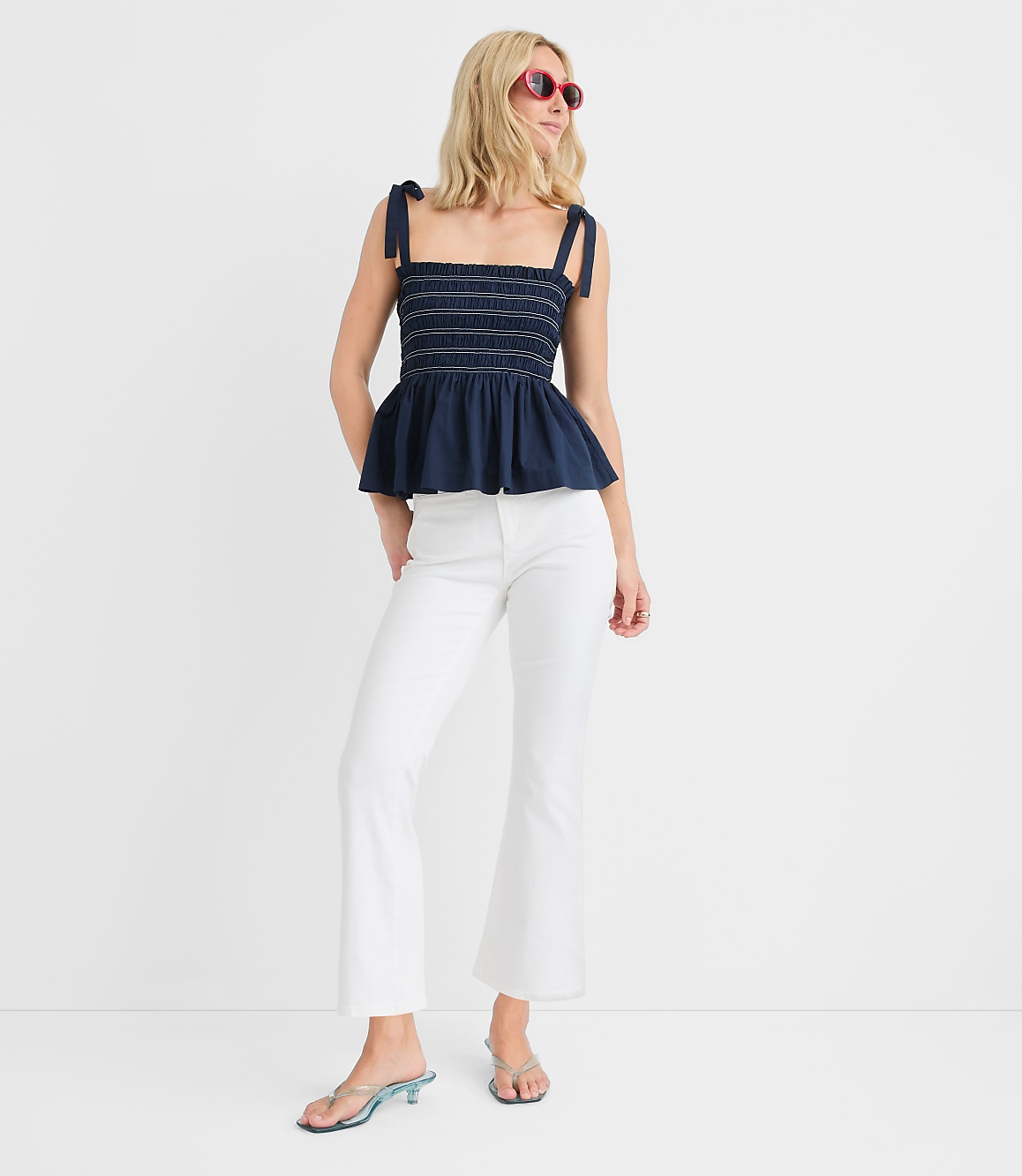 Petite Topstitched Poplin Tie Strap Smocked Peplum Cami