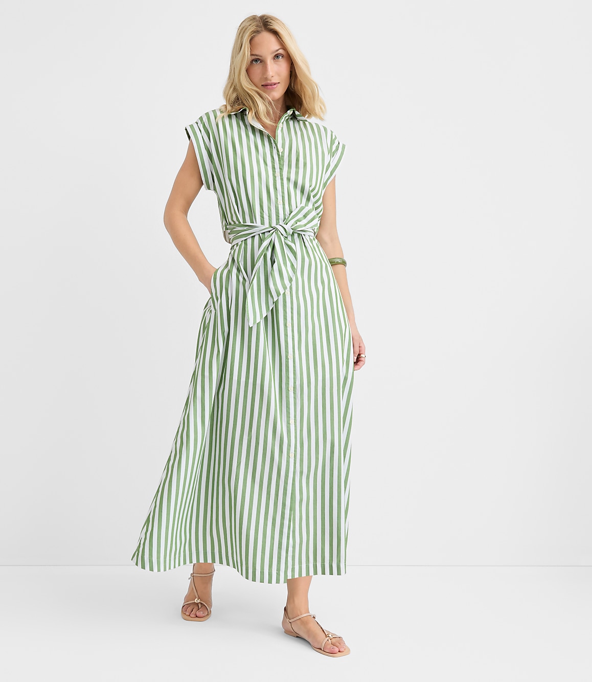 Tall Striped Poplin Cutout Back Midi Pocket Dress