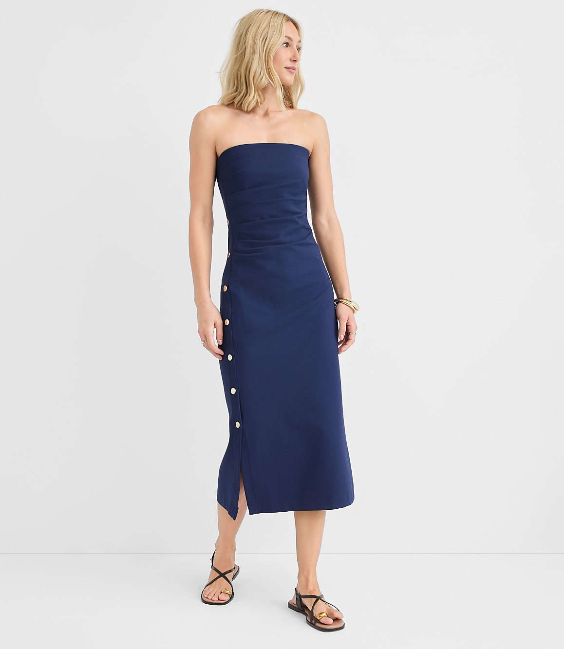 Side Button Strapless Midi Dress
