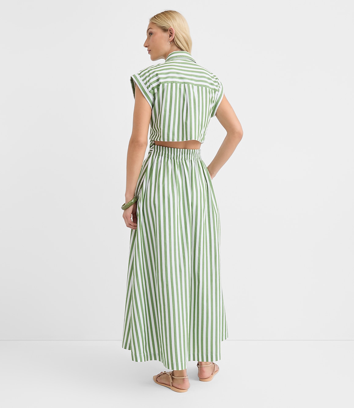 Striped Poplin Cutout Back Midi Pocket Dress