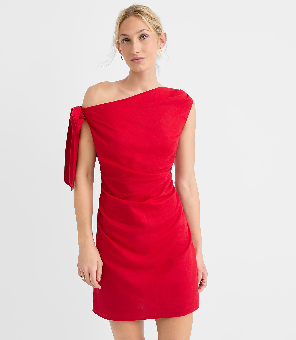 LOFT Beach Linen Cotton Shoulder Tie Ruched Mini Dress