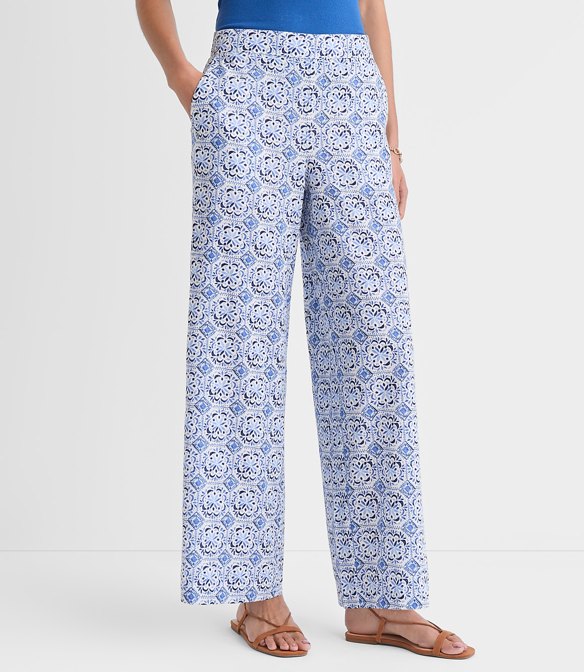 Petite Pull On Wide Leg Pants in Mosaic Linen Cotton