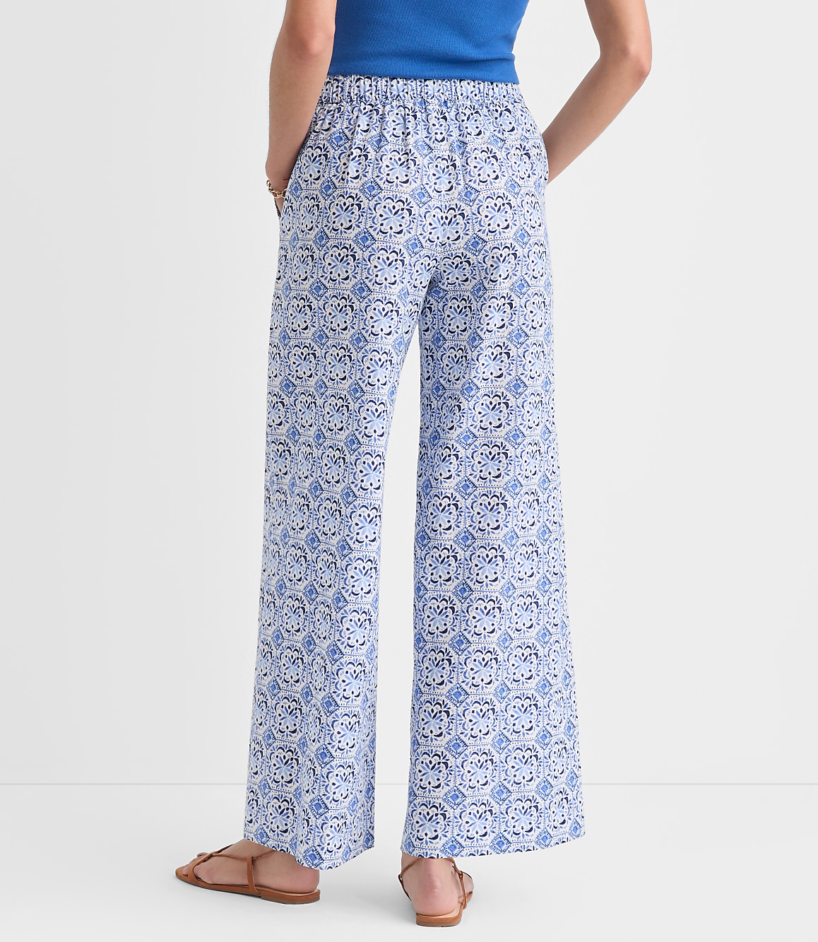 Petite Pull On Wide Leg Pants in Mosaic Linen Cotton