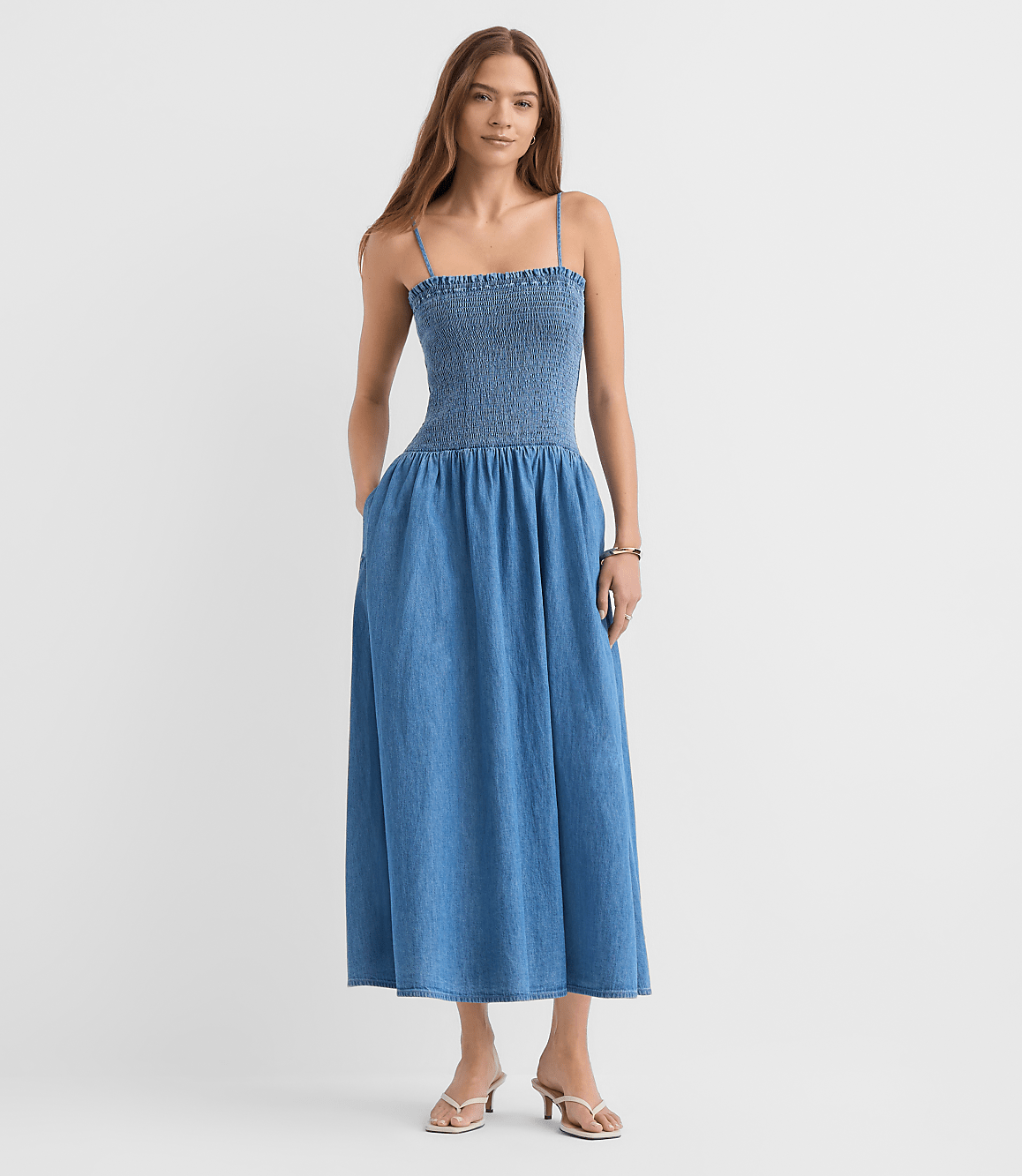 Petite Chambray Smocked Strappy Midi Pocket Dress