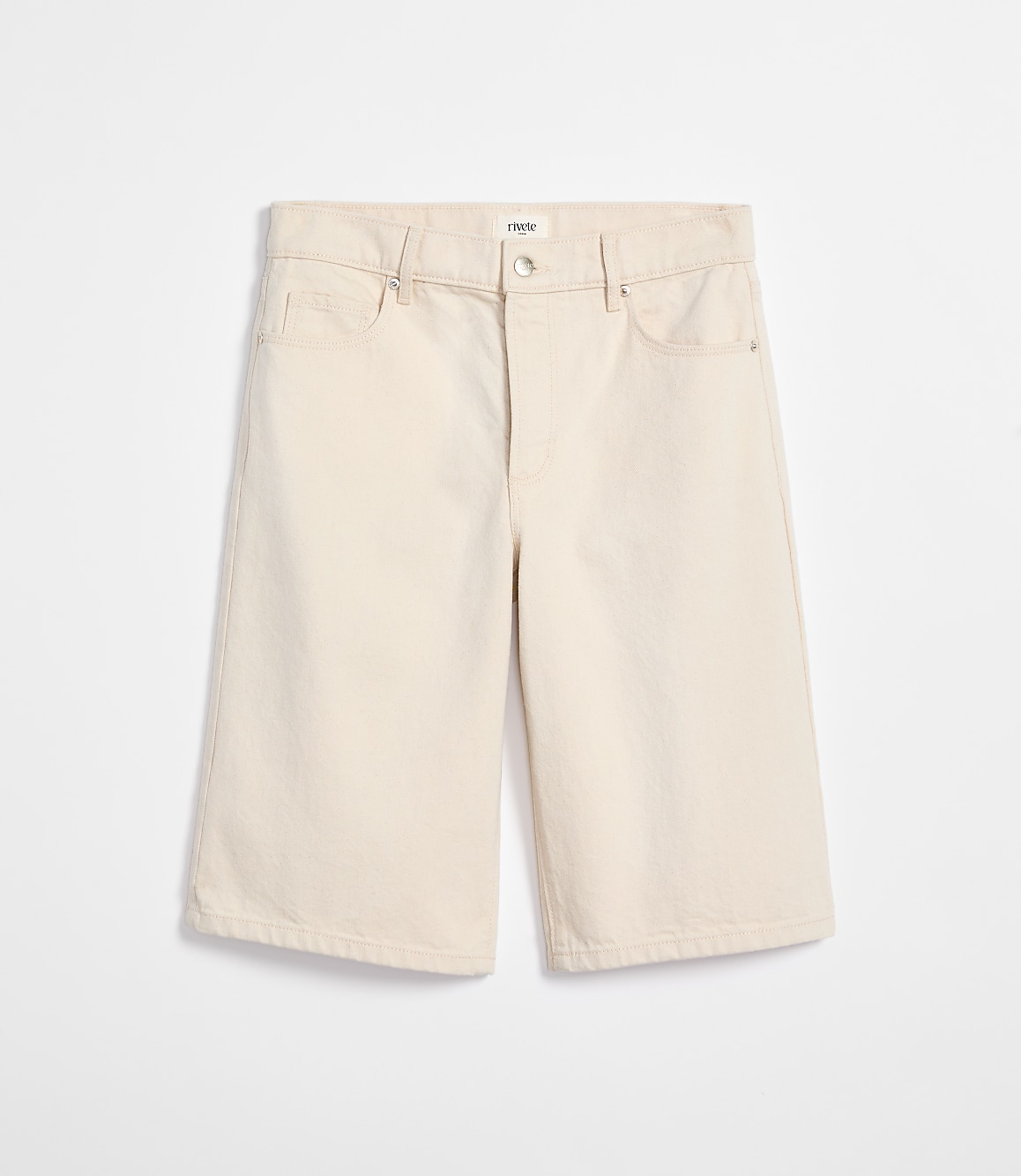 Rivete Curvy High Rise Denim Bermuda Shorts in Ivory