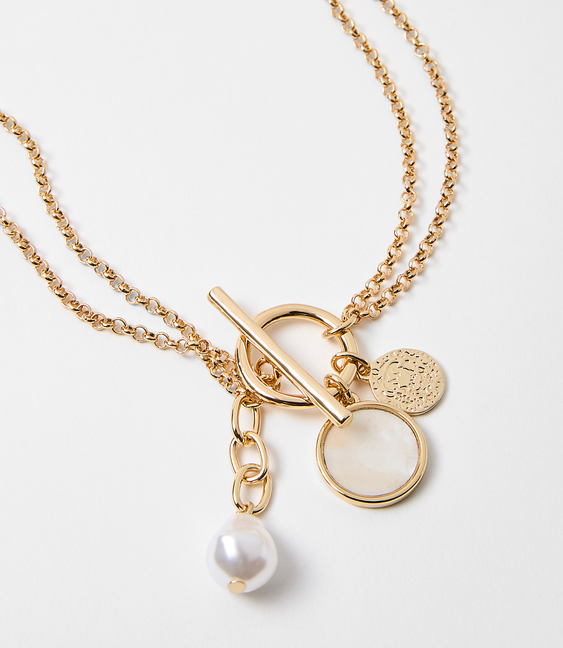 Pearlized Coin Chain Toggle Necklace
