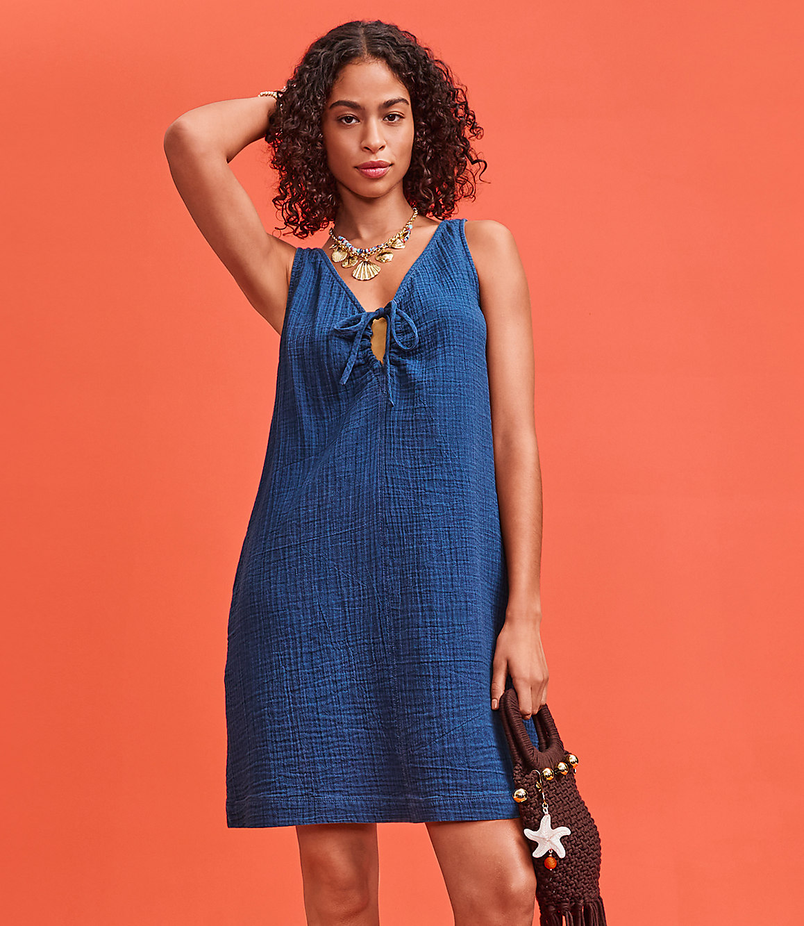 Lou & Grey Denim Washed Double Cloth Tie Keyhole Mini Pocket Dress