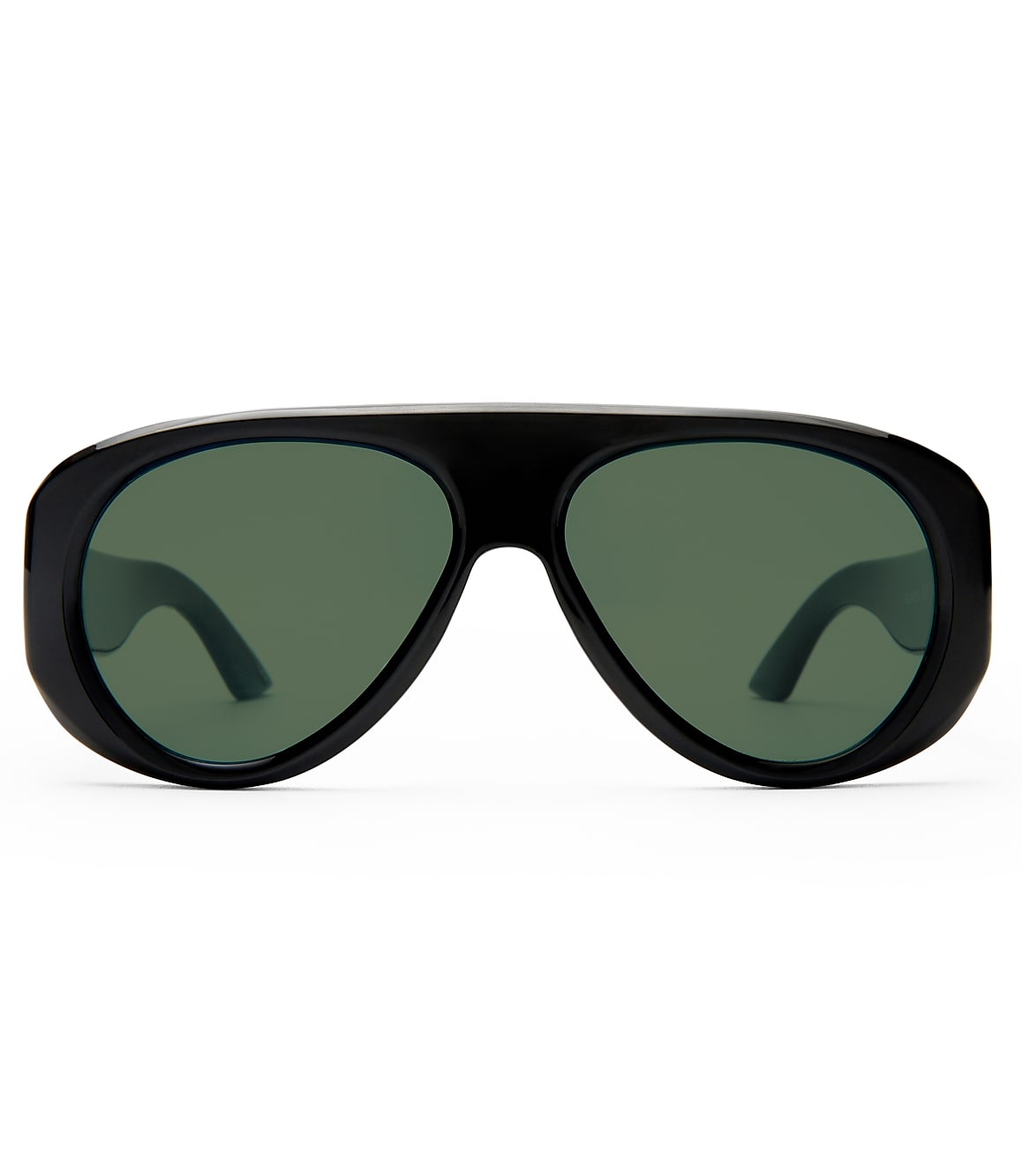A pair of black aviator sunglasses with green lenses is centered against a plain white background.